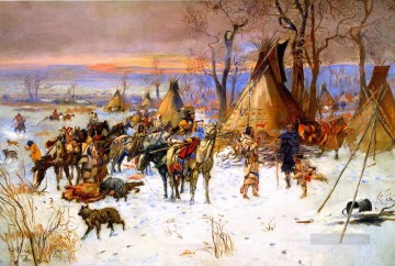 Indios americanos Painting - Los cazadores indios regresan 1900 Charles Marion Russell Indios americanos